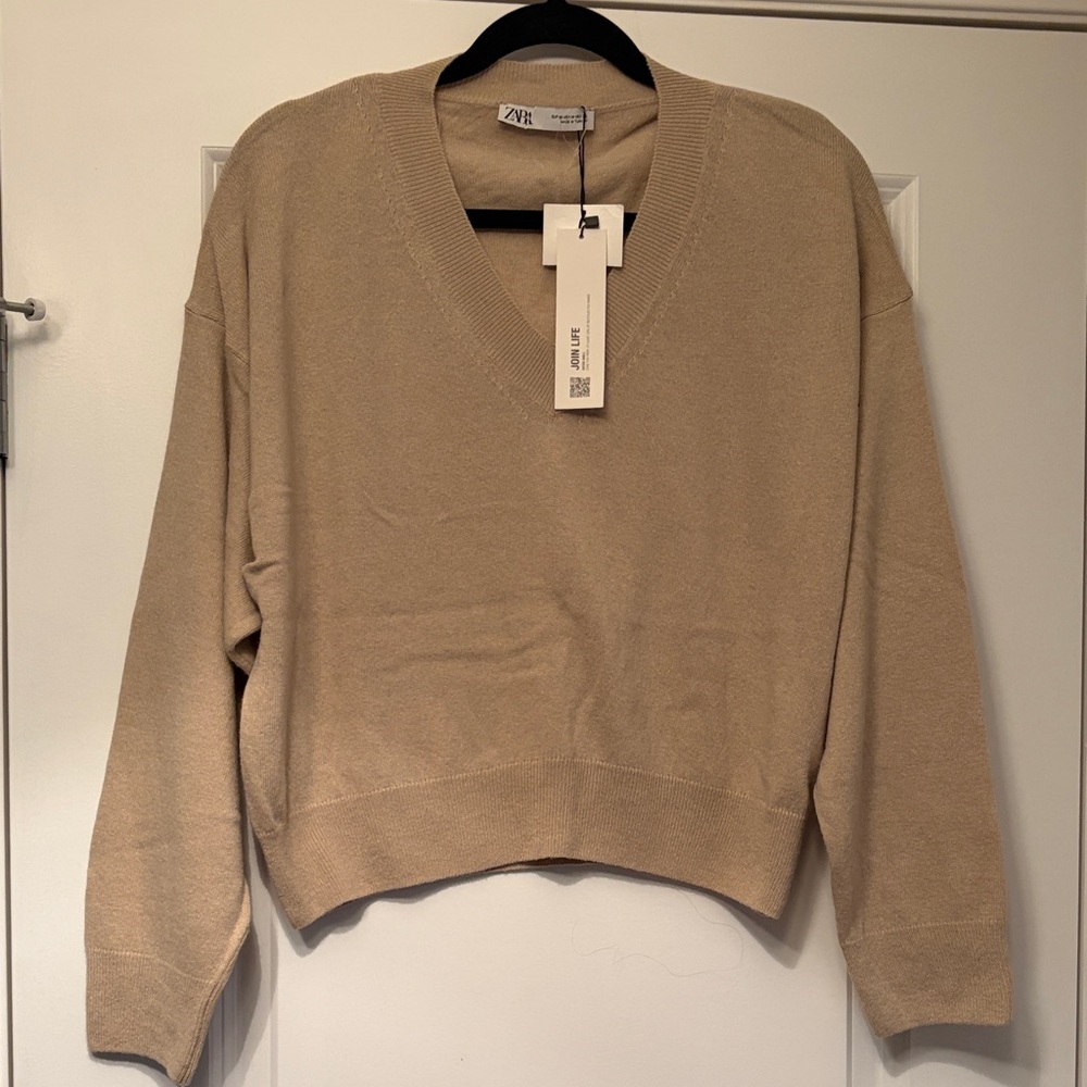 Zara Tan V-Neck Knit Sweater
